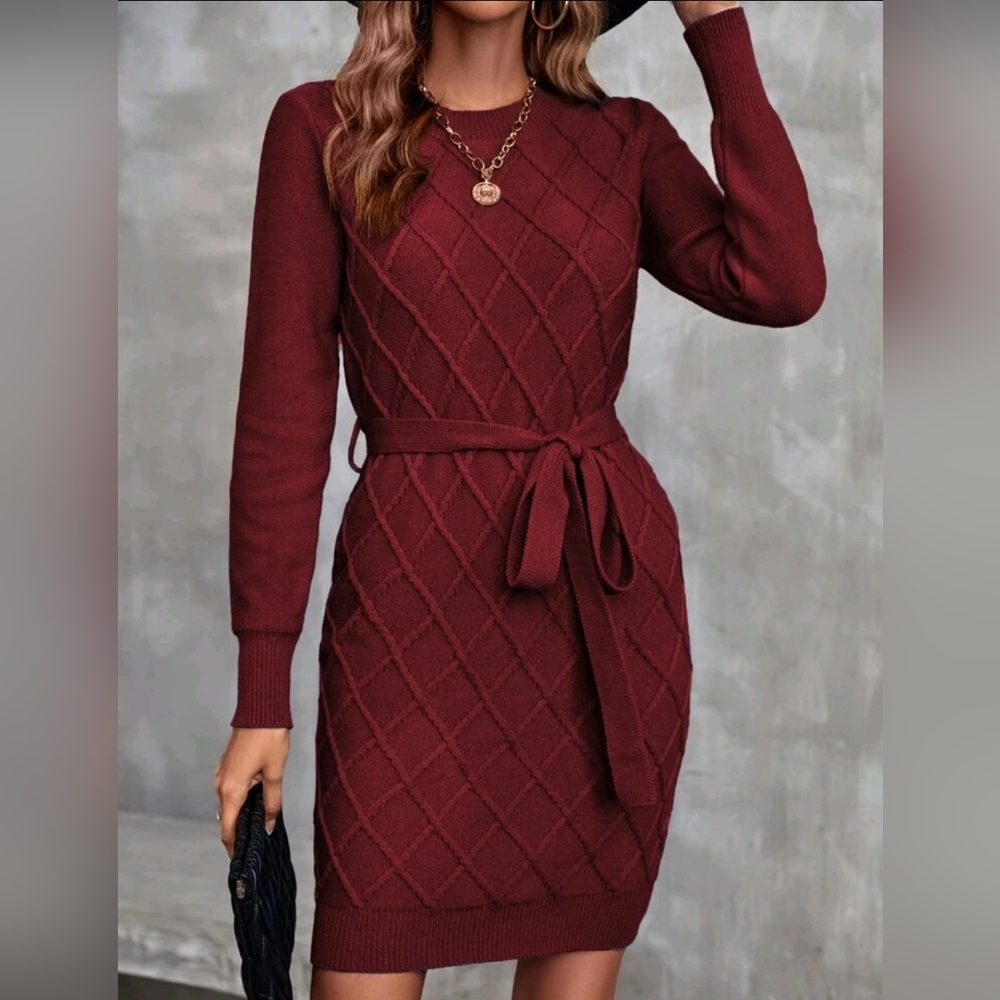 New Chic Textured Argyle Knit Sweater Dress Belt Long Sleeve Burgundy Red - Picture 3 of 9